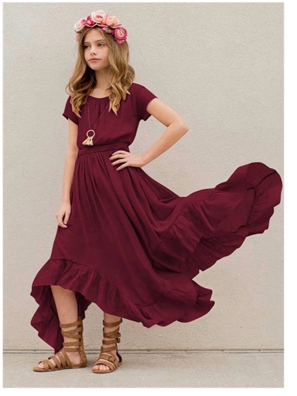 Burgundy High-Low Ruffle Maxi Dress for Girls